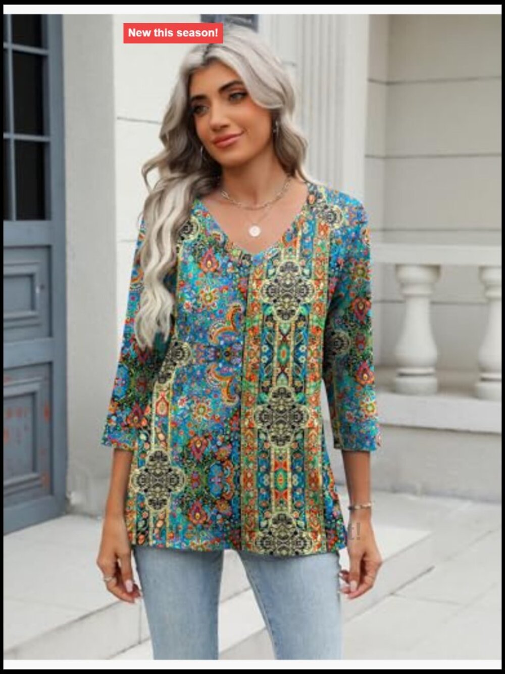 3/4 Sleeve V Neck Tunic Blouse Casual Work Tee Soft Stretch - Picture 4 of 7